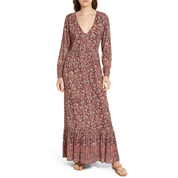 Faherty M Toluca Tiered Long Sleeve Maxi Dress in Merlot Bordeaux Floral NWT